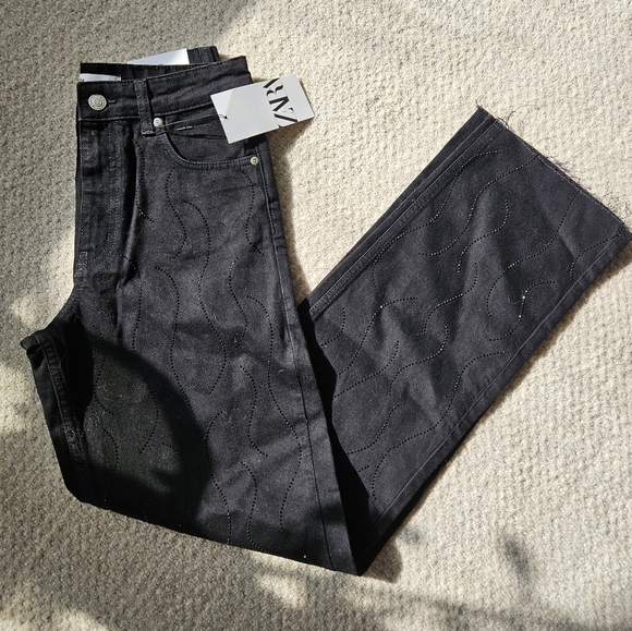 NWT Zara Rhinestone Black Jean Pants Embroidered- size 4 - Picture 9 of 13